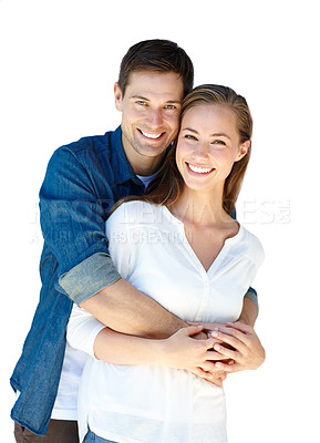 Buy stock photo Studio, couple and portrait in embrace for love, marriage and romance or care on white background. Happy people, hug and smile for pride in relationship or commitment, loyalty and connection on date