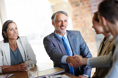 Buy stock photo Handshake, meeting and business people in office for teamwork, partnership or collaboration in boardroom. Introduction, recruitment and shaking hands for negotiation, agreement or company onboarding