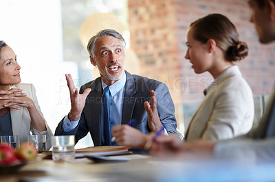 Buy stock photo Business people, meeting and man with explain in office for corporate discussion, passion and collaboration. Professional, employees and communication in boardroom with brainstorming and feedback 