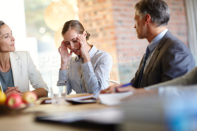 Buy stock photo Anxiety, woman and boss in office for meeting, coworkers and discuss company policy. Corporate people, man and businesswomen inside for teamwork, headache and stress in boardroom from burnout 
