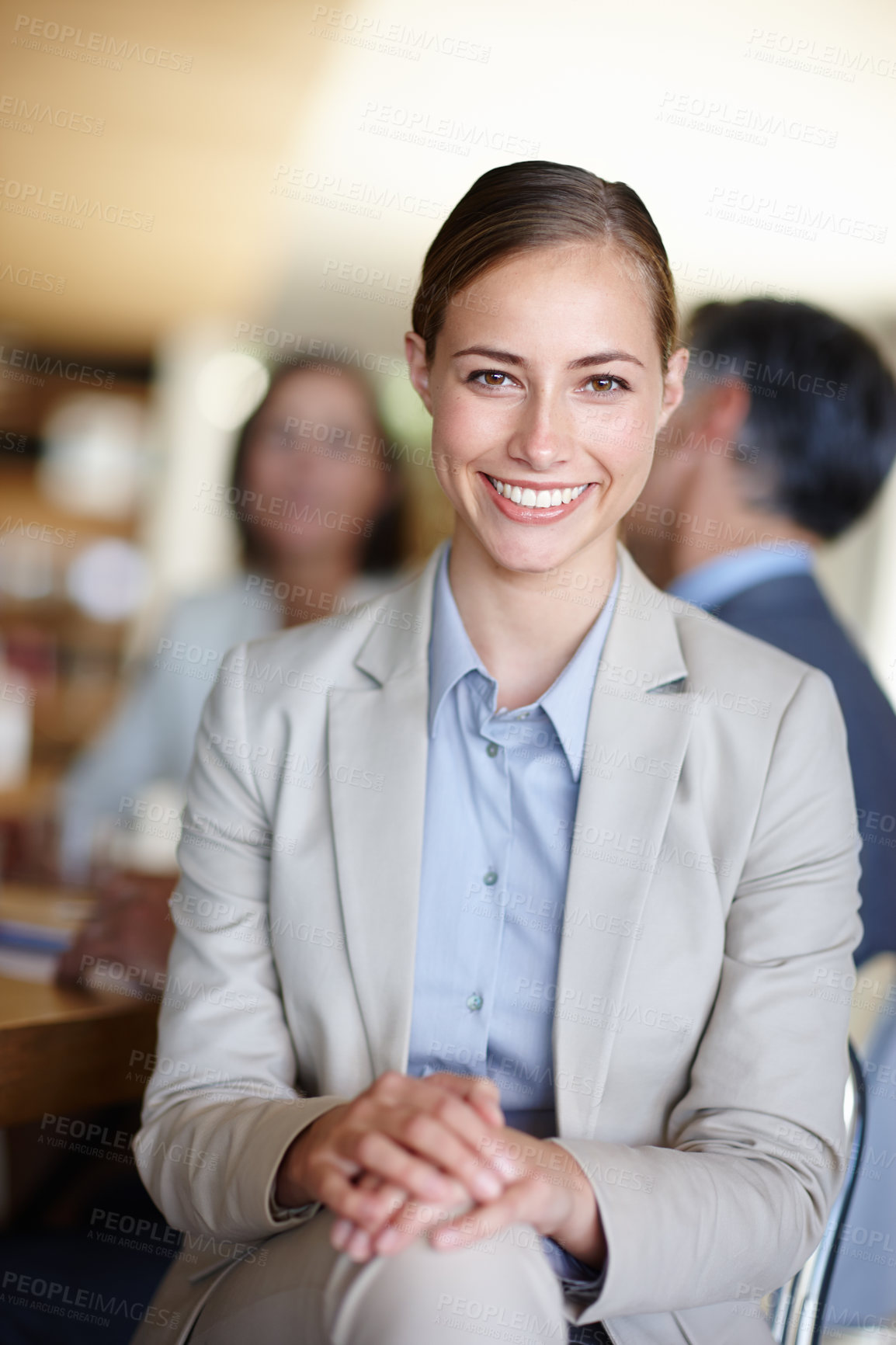 Buy stock photo Portrait, woman and happy in office for meeting, company and people for corporate, career and conference. Female person, workshop and smile in workplace with table for seminar, idea and confidence.