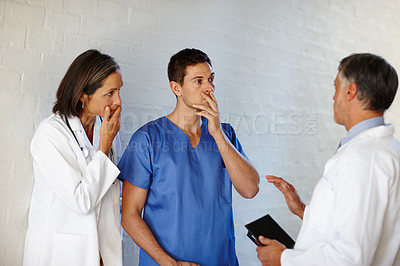 Buy stock photo Medical, team and worried nurse with doctor in hospital, bad news or negative patient results with intern and surgeon. Conversation, people collaboration with empathy and surprise for information 