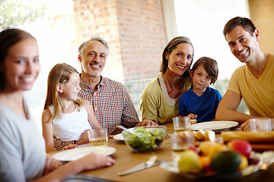 Buy stock photo Family, healthy and brunch table and eating, wellness snack with generations or grandparents together. Happy, home and food for nutrition or vitamins in meal for child, salad or fruits with beverages
