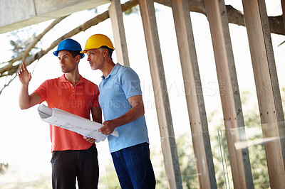 Buy stock photo Team, construction and architect with man on site for inspection, project management and planning. Professional contractor, engineer or developer with blueprint, pointing and design collaboration