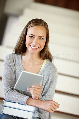 Buy stock photo Student, girl and books with tablet, portrait and smile for learning, education and app at campus. Woman, touchscreen and textbook for studying, development and happy with online course on stairs