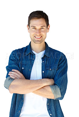 Buy stock photo Portrait, confident or guy as happy at fashion, design or startup in casual, denim or clothing. Business owner, arms crossed or pride at jeans, apparel or cool style in studio on white background