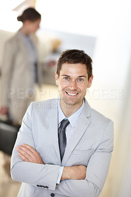 Buy stock photo Businessman, corporate portrait and arms crossed in workplace with career confidence, startup pride and mockup space. Entrepreneur, employee and smile in company building for professional service