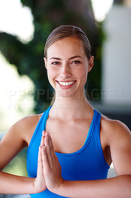Buy stock photo Woman, smile and yoga class for peace and mindfulness, mental and physical wellbeing with female person. Zen, energy and meditation for balance, workout and inner spiritual healing or meditation