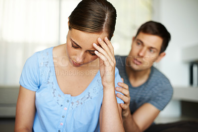 Buy stock photo Couple, stress and fight in home with argument or angry with apology and sad in disappointment. Relationship, confrontation and marriage issues in living room on couch with conflict and emotions.