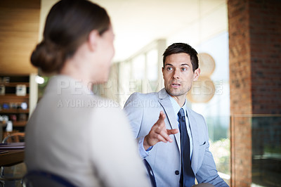 Buy stock photo Business people, talking or meeting in office for corporate project or collaboration on work. Professional woman, man and discussion of company finance for feedback and teamwork in accounting firm