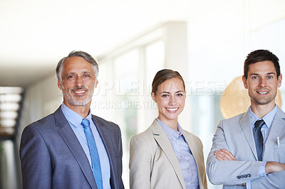 Buy stock photo Portrait, men and woman with pride in workplace for company in business collaboration, corporate and people in office for teamwork. Management, professional team and job satisfaction in career. 
