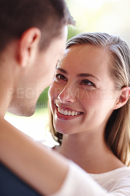 Buy stock photo Touch, couple and smile in embrace for love, marriage and support or care in outdoors. People, closeup and hug or relax for trust in relationship or commitment, loyalty and connection on nature date