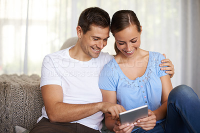 Buy stock photo Couple, woman and man with smile, tablet and relax with partner, love and girlfriend in lounge of home. Summer, internet and female person online for search of resort or hotel for date in holiday
