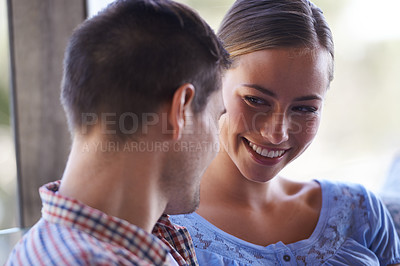 Buy stock photo Outdoor, couple and face of woman with smile for love of partner with happiness for bonding. Romance, girl and man  in marriage together, date and peace with joy in patio of home or apartment