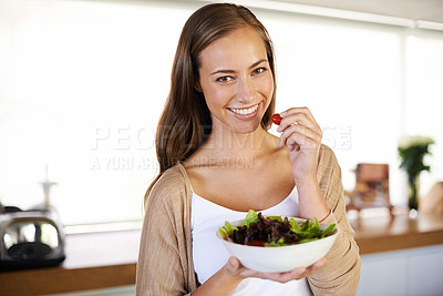 Buy stock photo Portrait, salad and happy woman in kitchen with breakfast, bowl or lettuce for balance, wellness or gut health at home. Vegetables, brunch or vegan person with superfoods for diet, nutrition or detox