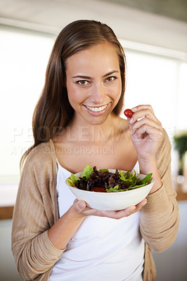 Buy stock photo Salad, portrait and happy woman in kitchen with breakfast, bowl or lettuce for balance, wellness or gut health at home. Vegetables, brunch or vegan person with superfoods for diet, nutrition or detox