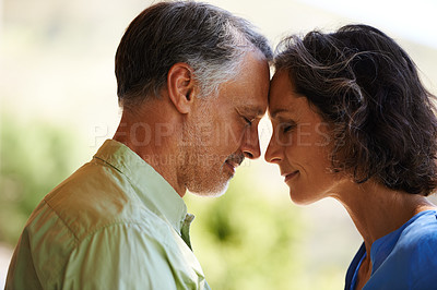 Buy stock photo Love, face and happy mature couple in backyard with comfort, support and trust in marriage. Smile, touch and woman with man in garden together for romantic gesture with care, kindness and nature