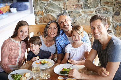 Buy stock photo Family, healthy and lunch portrait or food for eating, wellness snack with generations or grandparents together. Happy, home and nutrition or vitamins in meal for child, vegetable or beverages
