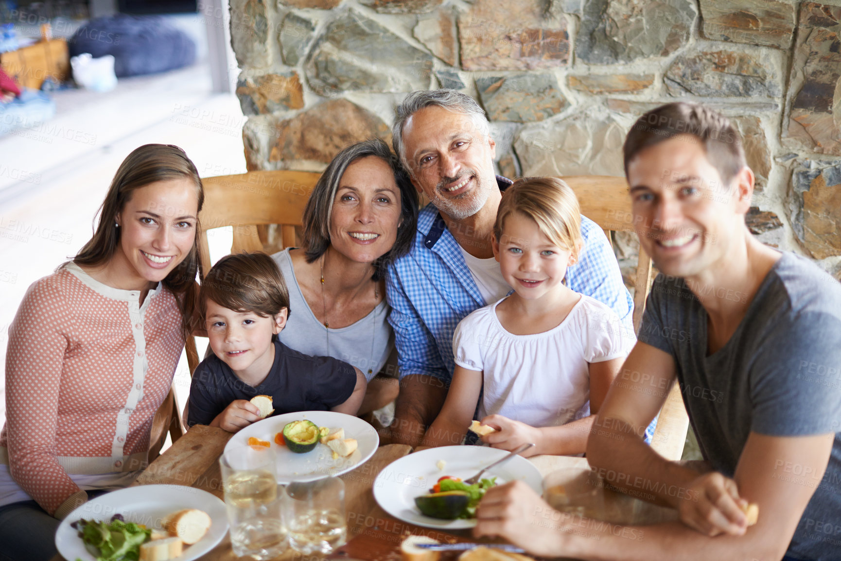 Buy stock photo Family, healthy and lunch portrait or food for eating, wellness snack with generations or grandparents together. Happy, home and nutrition or vitamins in meal for child, vegetable or beverages