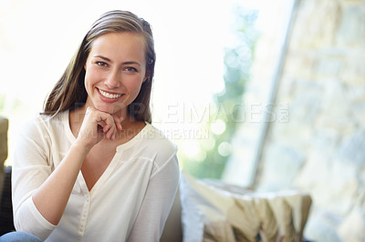 Buy stock photo Woman, portrait and relax on couch to daydream, calm and smile for inspiration in living room. Female person, happy and comfortable in lounge on weekend, confidence and pride for ideas or ponder