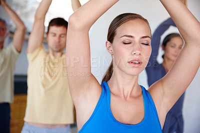 Buy stock photo People, diversity and yoga with balance for holistic, zen and wellness in studio. Global group, stretch and spiritual for meditation with upward salute pose, peaceful mindset and training in class