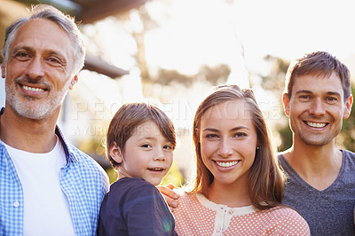 Buy stock photo Portrait, smile and family outdoor at garden for love, bonding and kid together with grandpa in summer. Face, happy parents and child at park for connection with mother, father or care of grandfather