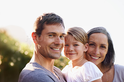 Buy stock photo Happy family, father and grandmother or child with portrait outdoor with relax, summer holiday and bonding. Love, woman and man with girl kid in garden or backyard of home with happiness and care