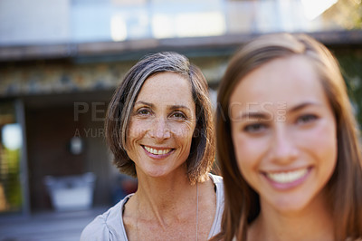 Buy stock photo Portrait, mature woman or daughter on vacation as bonding together on family, sightseeing or tour. Mother, gen z girl or smile at holiday, trip or adventure to relax, travel or recreation as tourism