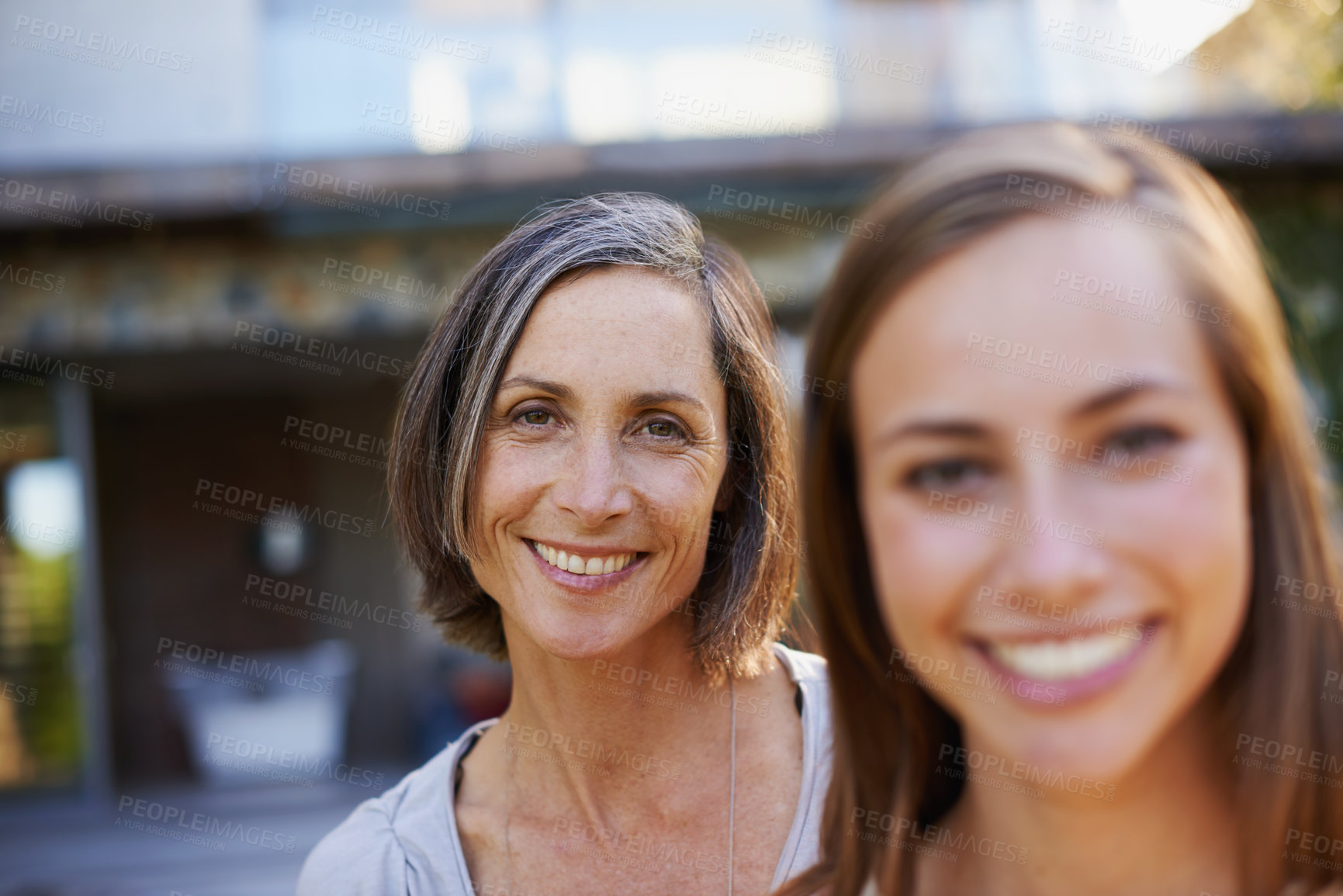 Buy stock photo Portrait, mature woman or daughter on vacation as bonding together on family, sightseeing or tour. Mother, gen z girl or smile at holiday, trip or adventure to relax, travel or recreation as tourism