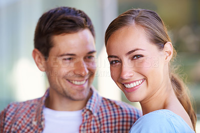 Buy stock photo Home, couple and portrait for love on weekend, marriage and romance or care in living room. Happy people, talking and smile for pride in relationship or commitment, loyalty and connection on date