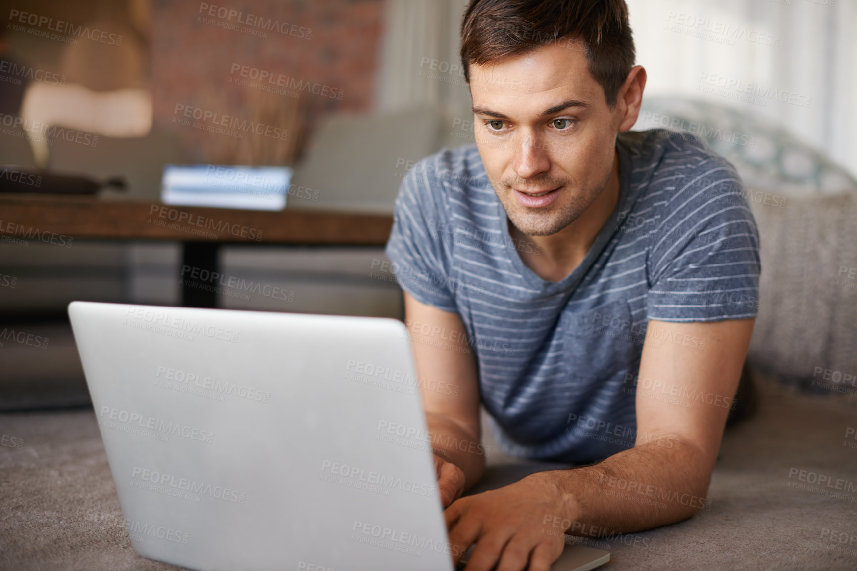 Buy stock photo House, remote work and man on floor with laptop for working from home, freelance job and career. Business, startup and person on computer for typing email, planning or internet research on website