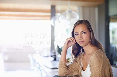 Buy stock photo Living room, relax and portrait of woman in home for resting, calm and chill on weekend afternoon. House, living room and face of person with beauty, confidence and pride on holiday and free time