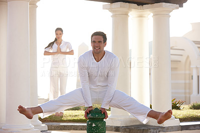 Buy stock photo Man, stretching and yoga in outdoor, workout and fitness for   mindfulness, wellbeing and health. Male person, woman and garden in session for physical activity, training and sports for wellness