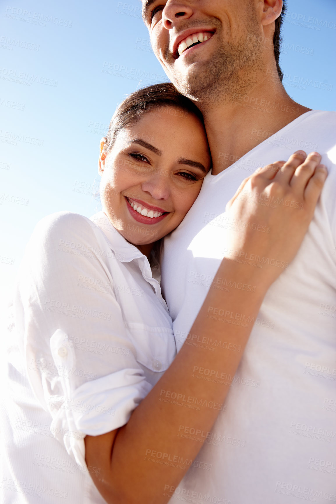 Buy stock photo Happy, hug and portrait of couple on beach for bonding, relax together and relationship by ocean. Dating, travel and man and woman embrace for romance on holiday, vacation and weekend in nature