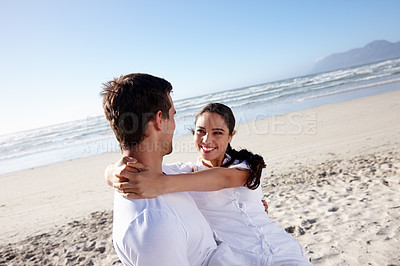 Buy stock photo Happy, beach and man carry woman for bonding, relax together and relationship by ocean. Dating, travel and man and woman embrace for romance on holiday, vacation and weekend in nature together