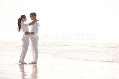 Buy stock photo Couple, man and woman on honeymoon, island and happy for getaway, travel and vacation in Bali. Husband, wife and love for celebration, union and tropical bonding at beach or seaside in Indonesia