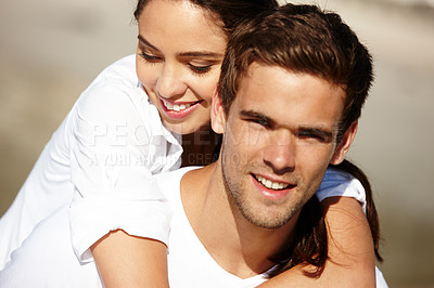 Buy stock photo Portrait, couple of piggyback as thinking, love or planning of date, idea or vision of dream getaway. Smile, man or woman to hug, relax or imagine future romantic summer holiday to Rio de Janeiro