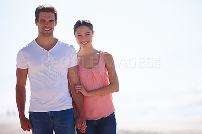 Buy stock photo Happy couple, portrait and beach with hug for embrace, care or support on outdoor holiday or vacation in nature. Man and woman with smile for love, relationship or weekend by ocean on mockup space