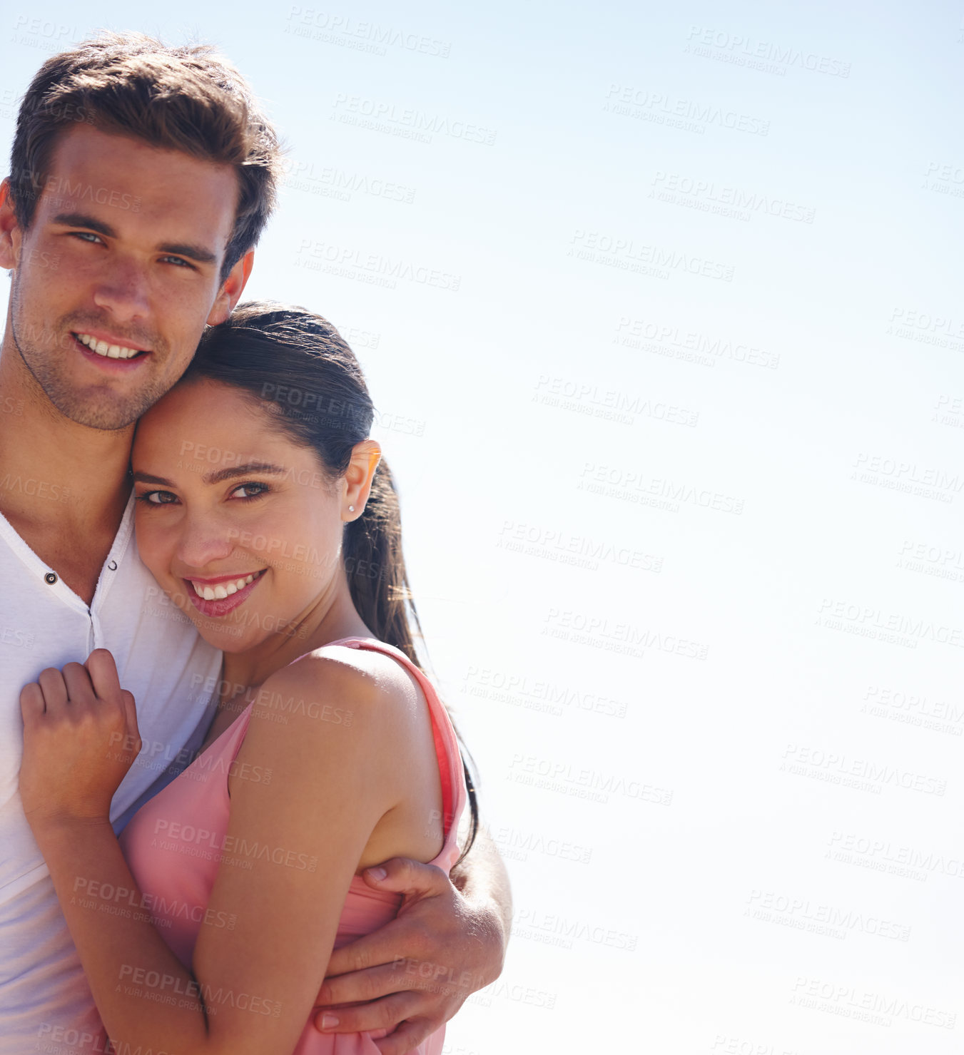 Buy stock photo Couple, portrait and hug outdoor with sky background, love and care with happiness together for travel. Safety, security and trust, comfort or support with people in healthy relationship for romance