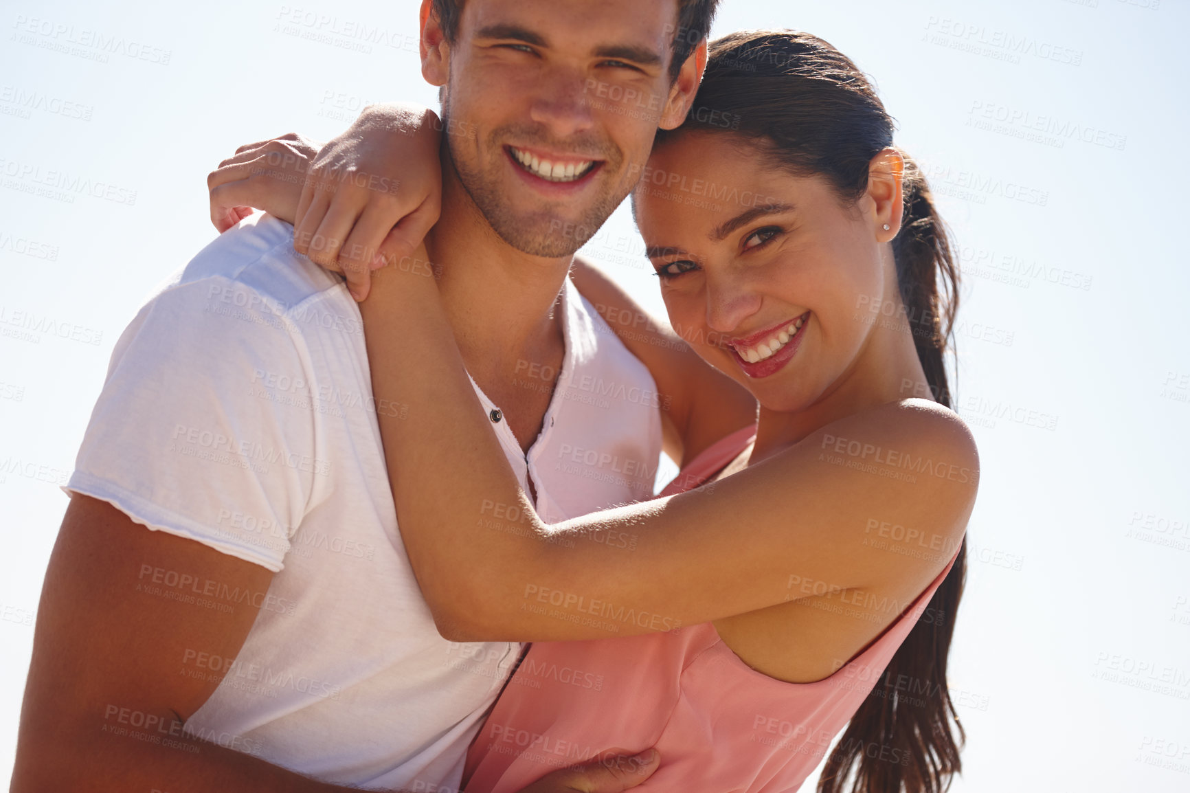 Buy stock photo Happy couple, portrait and embrace for relax travel or explore date, nature or holiday vacation. Man, woman and face with hug for relationship getaway or adventure summer, wellness or partnership