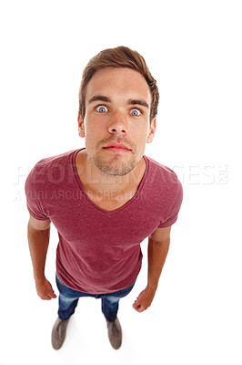 Buy stock photo Wow, eyes and portrait of shocked man in studio with top view surprise, announcement or deal on white background.  Omg, face or male model with emoji for unexpected news, info or competition giveaway