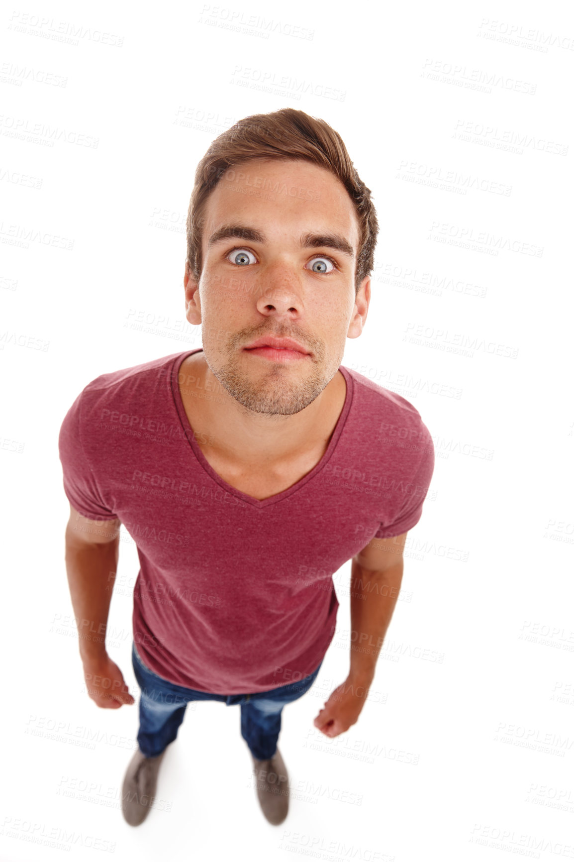 Buy stock photo Wow, eyes and portrait of shocked man in studio with top view surprise, announcement or deal on white background.  Omg, face or male model with emoji for unexpected news, info or competition giveaway