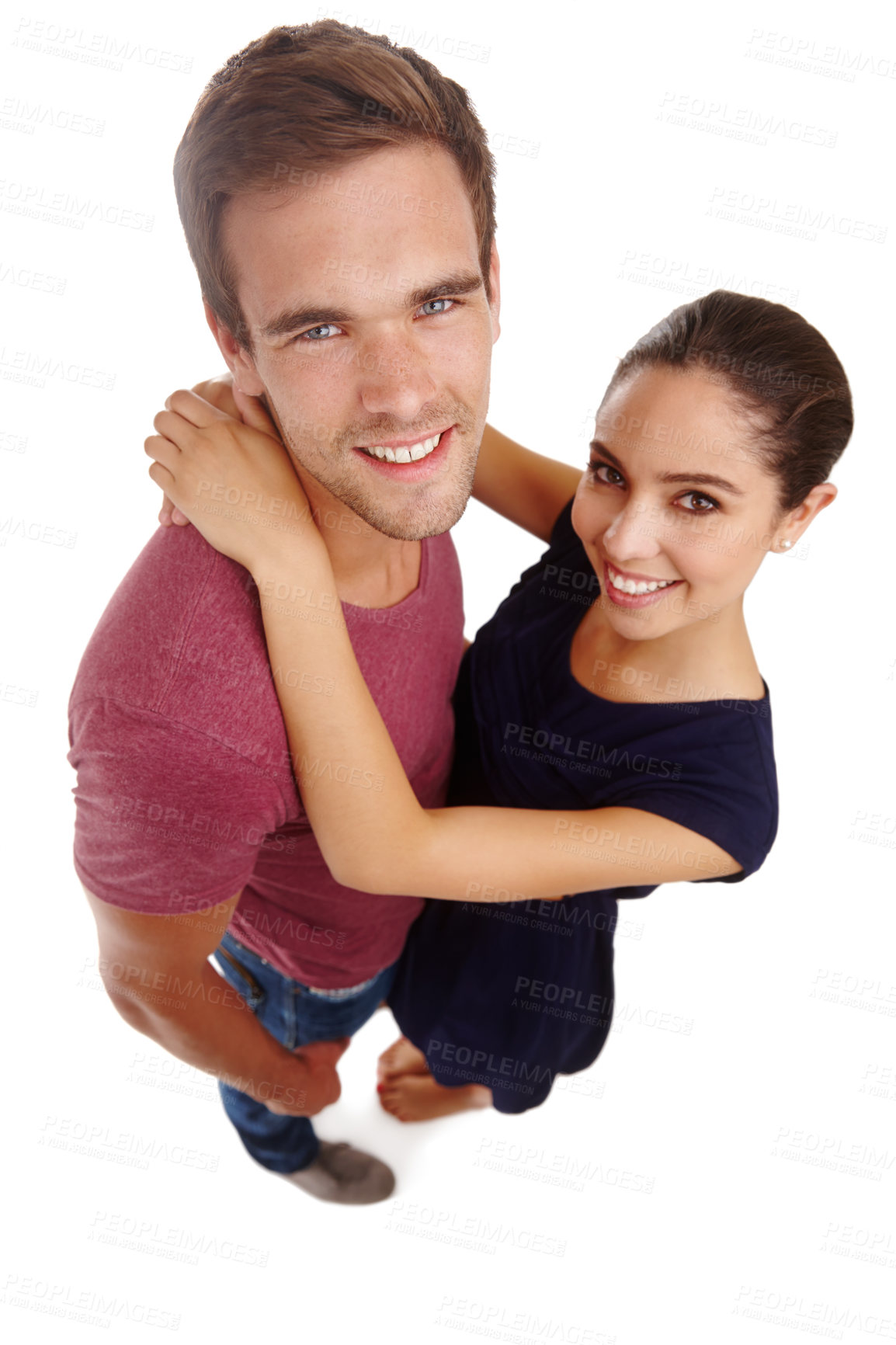 Buy stock photo Portrait, top view and happy couple hug in studio with love, support or trust while bonding on white background. Smile, face or people embrace with safety, security and loyalty, romance and gratitude