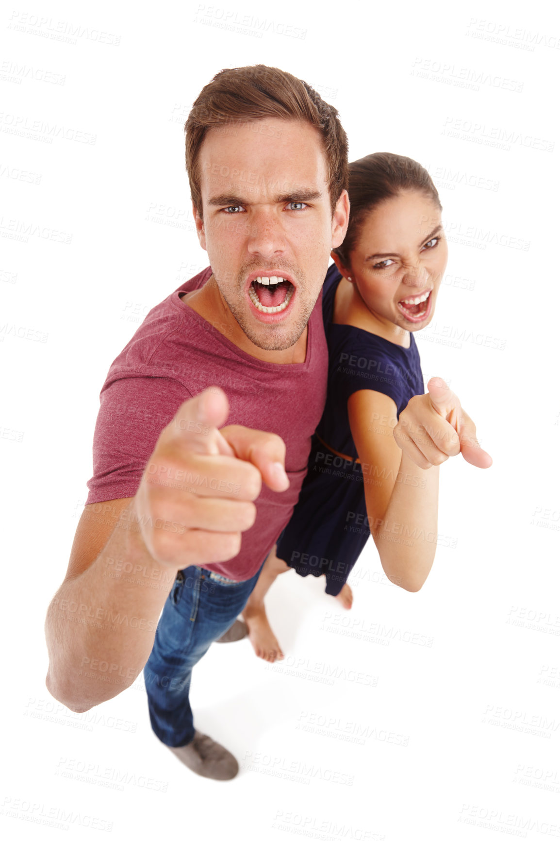 Buy stock photo Couple, portrait and angry pointing in studio at high angle or partnership disagreement, white background or fighting. Man, woman and face or finger on mockup space for annoyed, problems or attitude