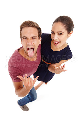 Buy stock photo Portrait, fun or couple with horn gesture, hands or energy in studio for metal celebration from above on white background. Rock and roll, face or people with emoji for party, festival or concert