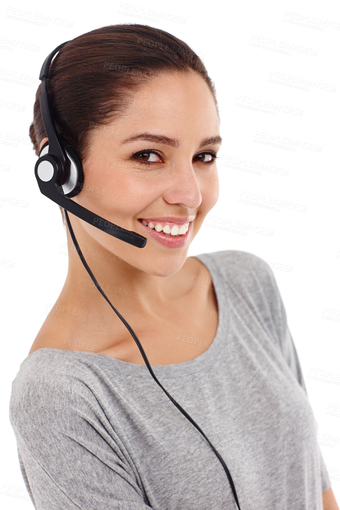 Buy stock photo Woman, headphone and smile for call center agent, online marketing or customer sales in studio portrait. Person, headset and happy for digital consulting, client servicing or consumer relations