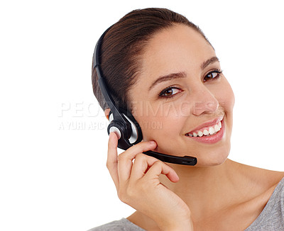 Buy stock photo Portrait, customer service and woman with headphones, call center and tech support isolated on a white studio background. Face, person and insurance agent with headset and telemarketing consultant