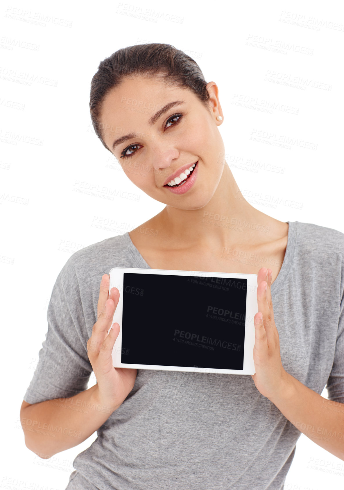 Buy stock photo Portrait, smile and woman with tablet, showing and connection isolated on a white studio background. Face, person or model with tech, promotion or internet with girl and online blog with mockup space