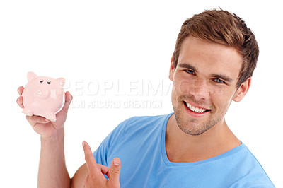 Buy stock photo Portrait, piggy bank and happy man pointing in studio for finance, budget or invest. Face, smile or person with money box for savings, income or security of future profit isolated on white background