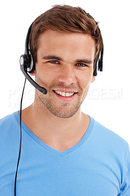 Buy stock photo Portrait, smile and man with headphones, telemarketing and consultant isolated on white studio background. Face, person or insurance agent with headset, crm or customer support with technical service